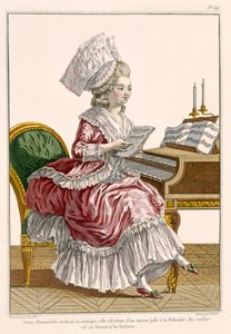 Giovane donna che studia musica al suo clavicembalo, tavola 149 da 