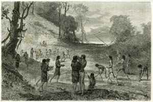 Giochi di giavellotto tra 2 tribù di Zaparros, gli uomini praticano e le donne cavalcano intorno ai giocatori senza paura e li servono bevande. Incisione di Vignal, per illustrare la storia "Amazzonia e Cordigliere" da Pierre Vignal