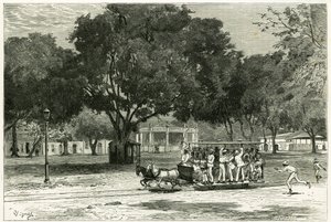 Tram, trainato da cavalli, nel porto di Para (Brasile), sul largo di Nazareth. Incisione di Vignal, per illustrare la storia 