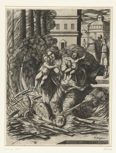 La moglie di Asdrubale si getta nel tempio in fiamme da Pierre Woeiriot (II)