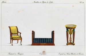 Poltrona con braccioli, divanetto e tavolo a treppiede, tavola 211, illustrazione da Collection de meubles et objets de goût da Pierre de La Mesangere
