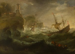 Navi che affondano al largo di una costa rocciosa da follower of Pieter Mulier