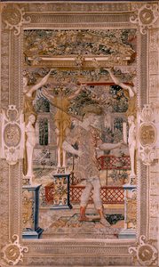 Serie Vertumno e Pomona. Vertumno trasformato in contadino. Secondo arazzo della serie. Parte sinistra la trasformazione di Dafne. Modello del Circolo di Pieter Coecke van Aelst. Manifattura Wilhelm Pannemaker, Bruxelles. Ca 1545-1550.
