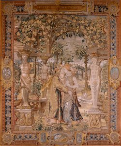 Arazzo fiammingo. Serie Vertumno e Pomona. Vertumno bacia Pomona. Settimo arazzo della serie. Modello Circolo di Pieter Coecke van Aelst. Manifattura Wilhelm Pannemaker, Bruxelles. Ca 1545-1550.