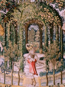 Arazzo fiammingo. Serie Vertumno e Pomona; Vertumno trasformato in giardiniere. Quinto arazzo della serie. Modello Circolo di Pieter Coecke Van Aelst e Léonard Thiry. Manifattura Sconosciuta, Bruxelles, prima del 1560.