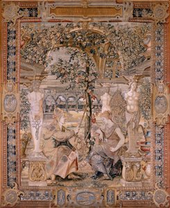 Arazzo fiammingo. Serie Vertumno e Pomona. Vertumno trasformato in una vecchia. Sesto arazzo della serie. Modello Cerchia di Pieter Coecke van Aelst. Manifattura Wilhelm Pannemaker, Bruxelles. Ca1545-1550.