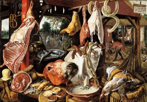 Bancarella del macellaio con la fuga in Egitto da Pieter Aertsen