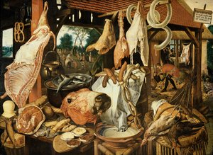 Fuga in Egitto, (Il mercato della carne), 1551 da Pieter Aertsen