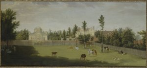 Vista della nuova villa, vecchia casa e stalle da Burlington Lane, Chiswick Villa da Pieter Andreas Rysbrack