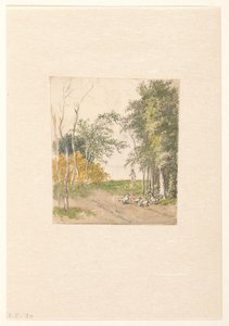 Paesaggio con galline lungo la strada