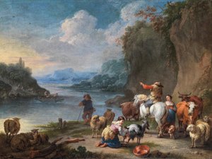 I mandriani e la loro mandria si riposano accanto a un fiume da Pieter Bout