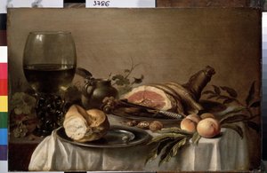 Natura morta con colazione, prosciutto, pane, pesche e noci