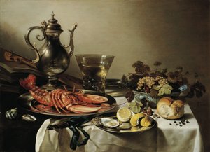 Tavolo con aragosta, brocca d