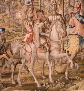 Arazzo fiammingo. Serie La Conquista di Tunisi; Revisione delle truppe a Barcellona. Secondo arazzo della serie. Modello Jan Vermeyen e Pieter Coecke van Aelst. 1543-1548. Manifattura Real Fábrica de Tapices de Sant da Pieter Coecke van Aelst
