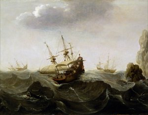 Una barca catturata in un mare turbolento, con barche che fuggono dalla tempesta in lontananza e, a destra, rocce emergono dall