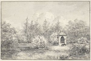 Veduta nel parco di Leiduin, con una casetta tra gli alberi