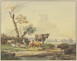 Bestiame al pascolo presso una recinzione, due maiali a destra da Pieter Gerardus van Os