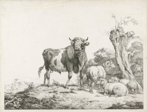 Un toro, un ariete e due pecore sdraiate vicino a un salice da Pieter Gerardus van Os