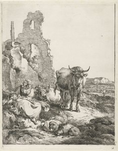 Paesaggio con mucca in piedi e sdraiata e pastorella davanti a una rovina da Pieter Gerardus van Os