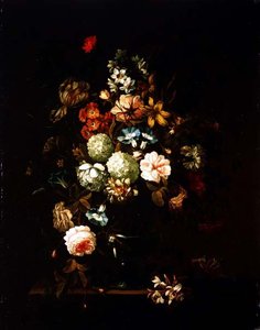 Natura morta con fiori in un vaso di vetro