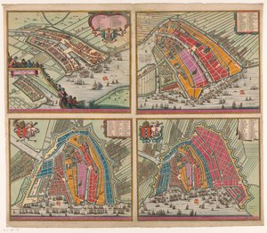 Quattro mappe di Amsterdam dal 1400 al 1612 (Amsteldam soo het selve is omhaynt geweest...) (Amsterdam ten tweede mael vergroot is eerst met steene Mueren omvangen inden jaere 1482...) da Pieter Hendricksz. Schut (possibly)