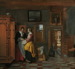 Interno con Donne accanto a un Baule di Lino da Pieter Hooch de