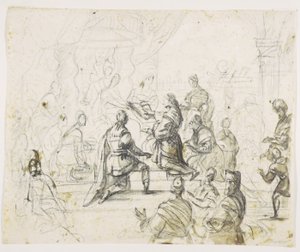 Figure inginocchiate davanti al re sul trono da Pieter Isaacsz