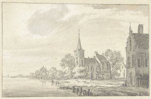 Chiesa del villaggio e case lungo un fiume da Pieter Jan van Liender