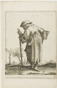 Donna mendicante in marcia con cesto, da T is al verwart-gaern (è già confuso) da Pieter Jansz. Quast