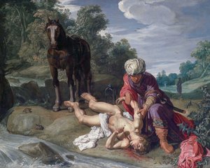 Il Buon Samaritano che cura le ferite del viandante (Luca 10:25-37) da Pieter Lastman