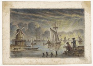Veduta costiera con navi, mulino e un disegnatore da Pieter Louw (attributed to)