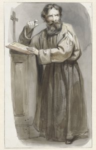 Ecclesiastico in piedi presso un pulpito con crocifisso e bibbia da Pieter Marinus van de Laar (attributed to)