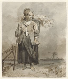 Donna in piedi con bastone e cesta sulla schiena da Pieter Marinus van de Laar (attributed to)