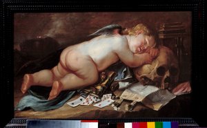 Amore dormiente su un teschio. Dipinto (Vanitas) di Pieter Moninckx (1606 - 1686) Ec. Flam.