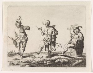 Contadino e contadina danzanti e un uomo su una botte da Pieter Nolpe