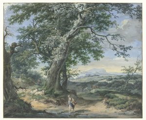 Paesaggio collinare con alberi imponenti e figure umane da Pieter Pietersz. Barbiers