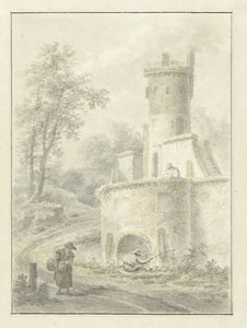 Paesaggio con pescatore e donna che cammina vicino a una torre di fortificazione da Pieter Pietersz. Barbiers