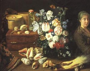 Natura morta, fiori, conchiglie, serpenti, uccello e una donna in piedi da Pieter Snyers