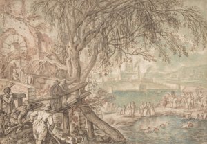 Cacciatori e compagnia osservano cani che recuperano anatre in uno stagno Il mese di aprile, c. 1610-20 da Pieter Stevens