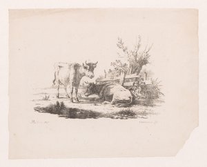 Due mucche vicino a una recinzione e un salice da Pieter de Goeje