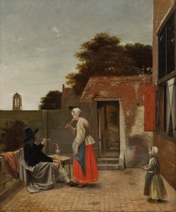 Un uomo che fuma e una donna che beve in un cortile da Pieter de Hooch