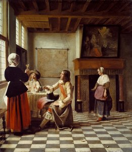 Un interno, con una donna che beve con due uomini e una cameriera da Pieter de Hooch