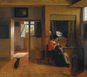 Interno con una madre che pulisce i capelli del suo bambino, noto come 