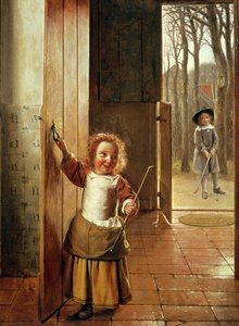 Bambini in una porta con bastoni da 