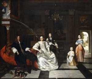 Ritratto di Gruppo della Famiglia Jacott-Hoppesack con un Cane in un Interno Classico Sontuoso, una Signora e un Gentiluomo che Passeggiano in un Parco Oltre una Porta da Pieter de Hooch