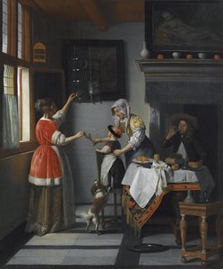Interno con un bambino che nutre un pappagallo da Pieter de Hooch