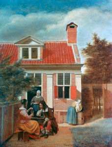 Tre donne e un uomo in un cortile dietro una casa da Pieter de Hooch