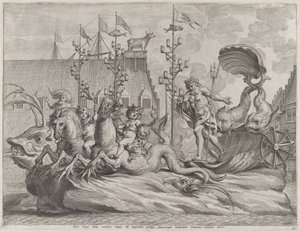 Filippo di Spagna come Nettuno, su un carro trainato da due cavalli marini da Pieter de Jode II