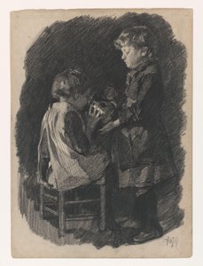 Una bambina fa bere latte a una sorellina da una brocca da Pieter de Josselin