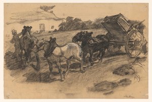 Tre cavalli che trainano un carro su un campo inclinato a Limburg da Pieter de Josselin
